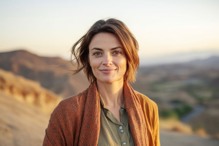 Portrait of a beautiful young woman standing in the middle of the desertの素材
