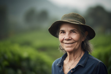 Portrait of a smiling elderly woman with tea plantation in the backgroundの素材