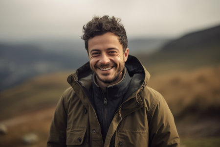 Portrait of a handsome young man standing in the mountains, smiling.の素材