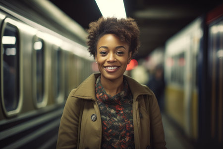 Young african american woman with afro hairstyle in a train stationの素材
