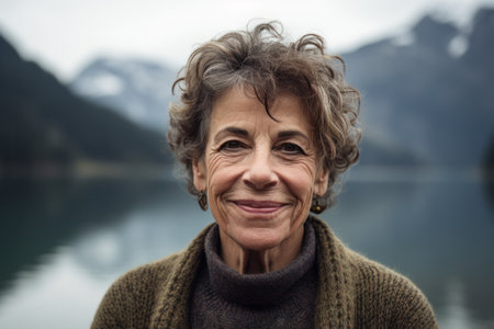Portrait of a smiling senior woman in front of a lake.の素材
