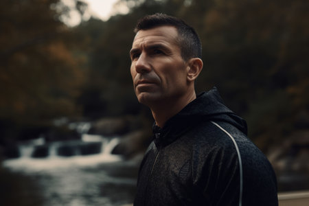Portrait of a handsome young man in sportswear standing by the river.の素材