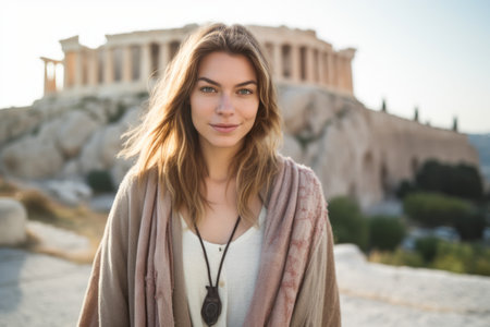 Portrait of a beautiful young woman at the Acropolis in Athens, Greeceの素材