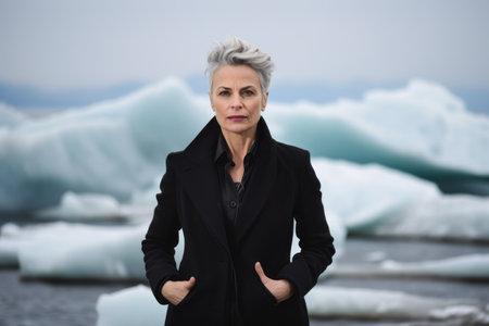 Portrait of a middle-aged woman in a black coat on the background of icebergsの素材