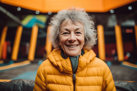Portrait of smiling senior woman in yellow jacket looking at camera in amusement parkの素材