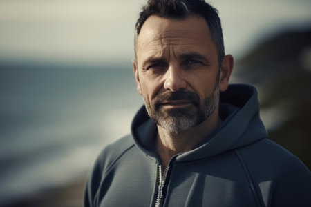 Portrait of handsome mature man in sportswear looking at camera outdoorsの素材