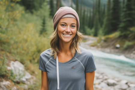 Beautiful smiling woman standing in front of a mountain river in the mountainsの素材