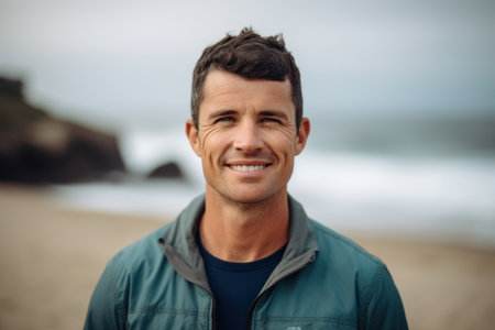 Portrait of handsome man smiling at camera while standing on the beachの素材