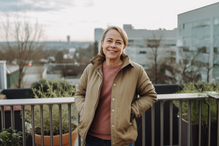Portrait of a smiling senior woman standing on a balcony in the cityの素材