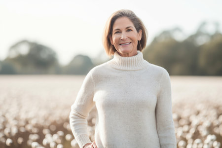 Portrait of smiling mature woman in white sweater standing in field of cottonの素材