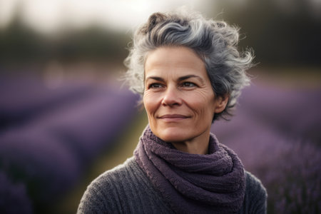 Portrait of a beautiful middle-aged woman in lavender fieldの素材
