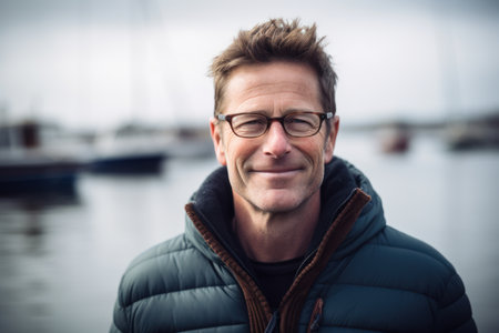 Portrait of handsome man with eyeglasses standing in front of boatの素材