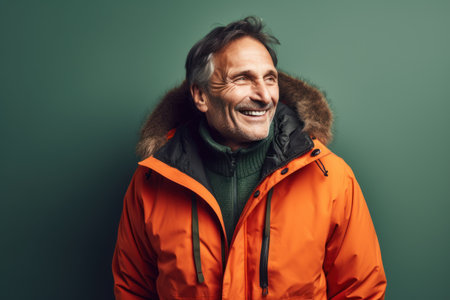 Happy senior man in a warm jacket. He is laughing and looking at camera.の素材
