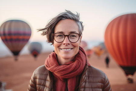 Close up portrait of a smiling middle-aged woman with eyeglasses and red scarf on the background of hot air balloonsの素材
