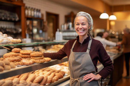 Portrait of happy mature female staff standing in bakery and smiling at cameraの素材