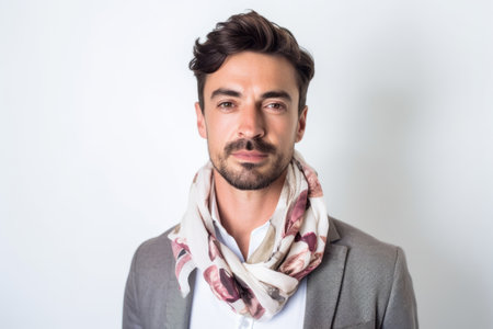 Portrait of a handsome young man with a scarf on white backgroundの素材