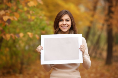 Beautiful young woman holding a white sheet of paper in the autumn parkの素材
