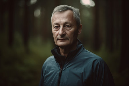 Portrait of an elderly man in a dark forest. Toned.の素材