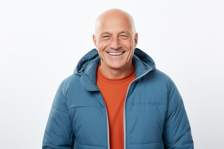 Portrait of a smiling senior man in a blue down jacket on a white backgroundの素材
