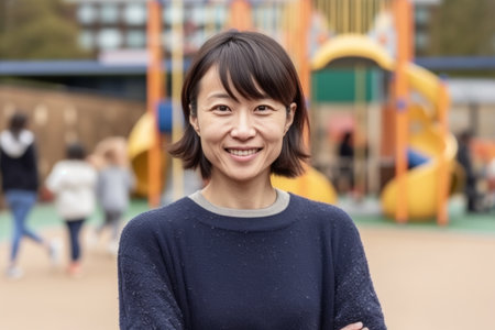 Happy Asian woman smiling at camera with children playing on playground in backgroundの素材