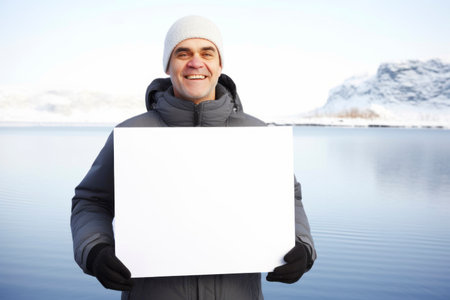 Portrait of a smiling man holding a blank sheet of paper in winterの素材