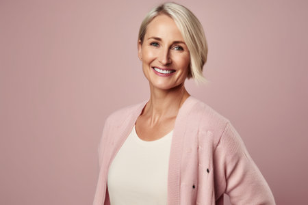 Portrait of smiling mature woman looking at camera isolated on pink backgroundの素材