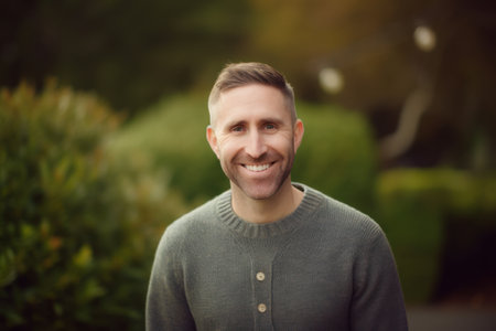Portrait of a handsome man smiling at the camera while standing outdoorsの素材