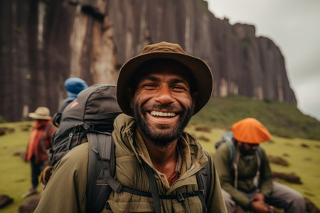 Trekking in the mountains with a backpack and tent in Icelandの素材