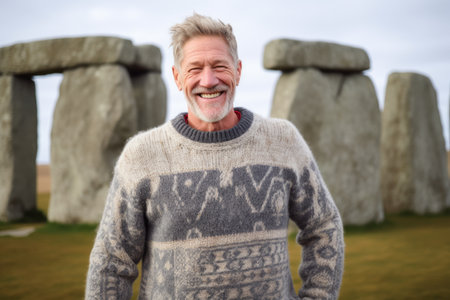 Portrait of happy senior man standing with stonehenge in backgroundの素材