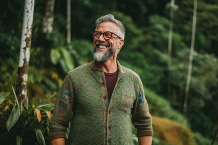 Portrait of a smiling senior man standing in a tropical rainforestの素材