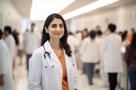 Portrait of a young female doctor standing in a hospital corridor.の素材