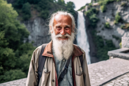 Portrait of an old man with a long white beard and mustache in the mountainsの素材