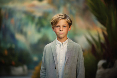 Portrait of a boy in a suit on the background of a paintingの素材