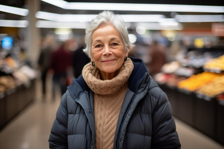 senior woman shopping at grocery store or supermarket, looking at cameraの素材