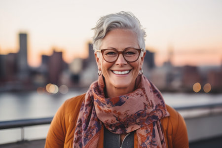 Portrait of smiling senior woman in eyeglasses and scarf standing on rooftopの素材