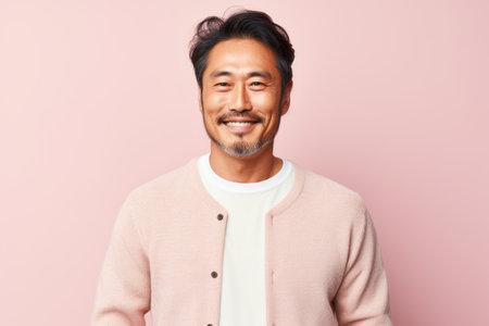 Portrait of happy asian man looking at camera over pink backgroundの素材