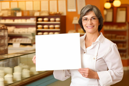 Portrait of a senior woman holding a blank sign in a bakeryの素材