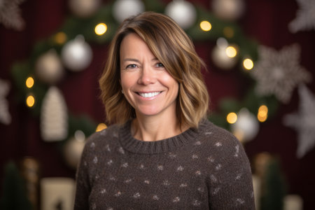 Portrait of a beautiful mature woman in front of a Christmas treeの素材
