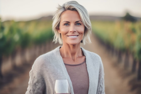 Portrait of smiling woman with glass of red wine in vineyardの素材
