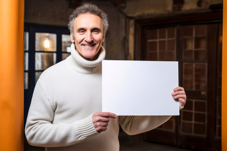 Portrait of smiling middle aged man holding blank white sheet of paperの素材