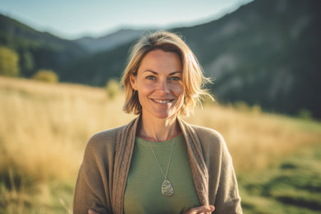 Portrait of a beautiful smiling woman standing in the middle of a fieldの素材