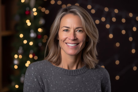 Portrait of happy mature woman in front of christmas tree.の素材