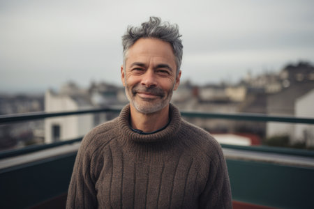 Portrait of a handsome middle-aged man with gray hair and beard, wearing a brown sweater, standing on the roof of a building, looking at the camera.の素材