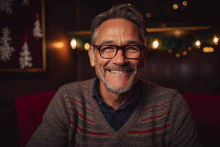 Portrait of a smiling senior man with glasses sitting in a restaurantの素材