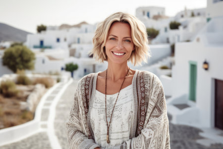 Portrait of a beautiful young woman standing with arms crossed in front of her house in Santoriniの素材