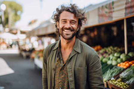 Portrait of a handsome young man smiling while standing at the marketの素材