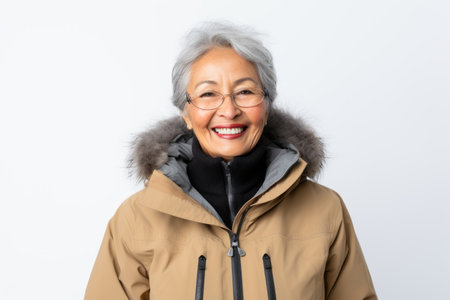 Portrait of a smiling senior woman in winter jacket on white backgroundの素材