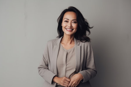 smiling asian businesswoman in gray suit looking at camera isolated on grayの素材