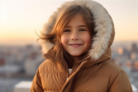 Portrait of a smiling little girl in a warm coat on the background of the city.の素材