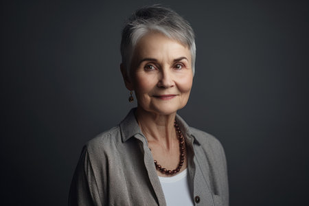 Portrait of a smiling senior woman looking at the camera over gray backgroundの素材